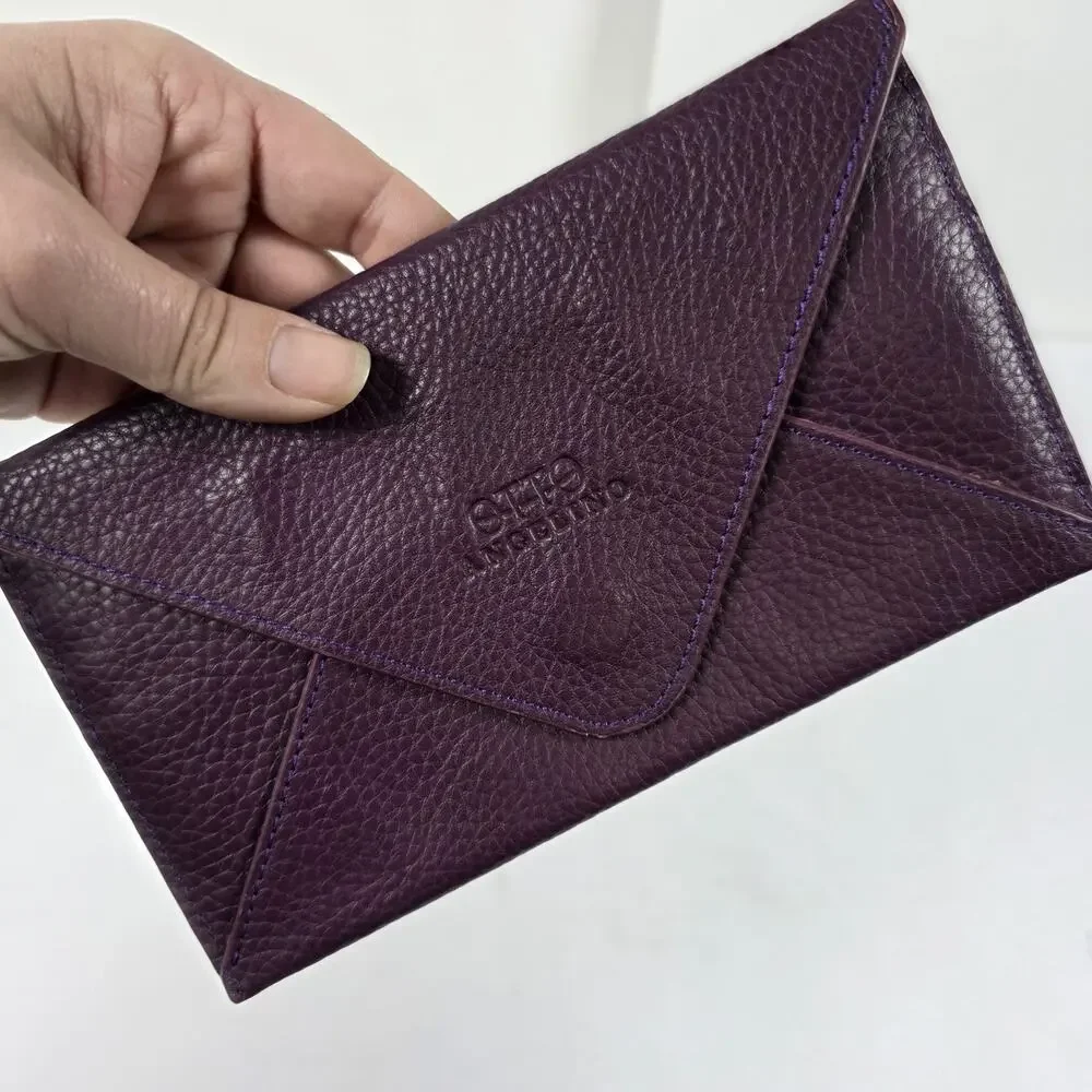 Otto Angelino Plum Purple Leather Envelope Wallet Clutch RFID Card Holder